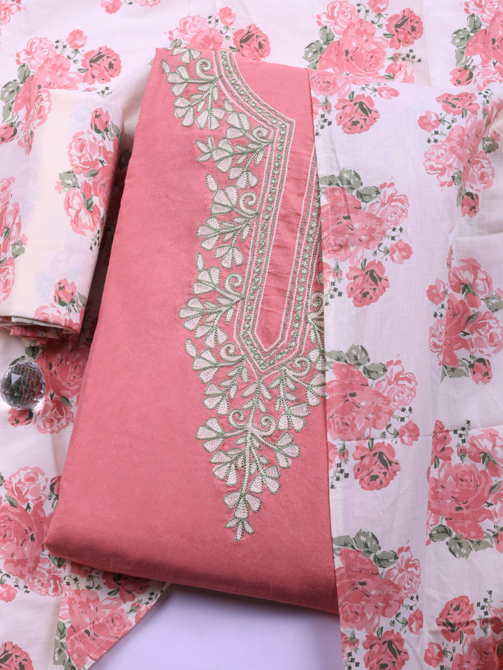 Pink Embroidered Cotton Blend Unstitched Suit &amp; Pant With Cotton Dupatta