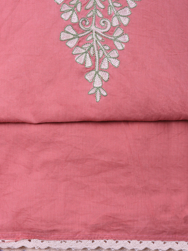 Pink Embroidered Cotton Blend Unstitched Suit &amp; Pant With Cotton Dupatta