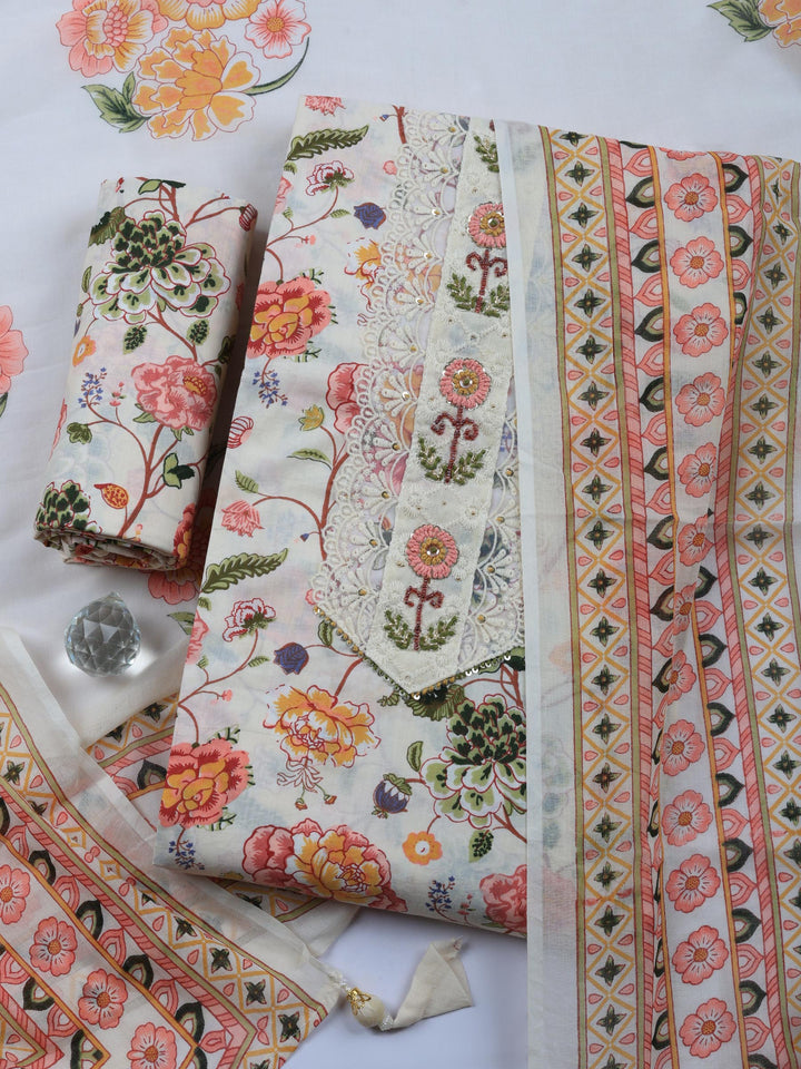 Cream Printed Cotton Blend Unstitched Suit &amp; Pant With Cotton Dupatta