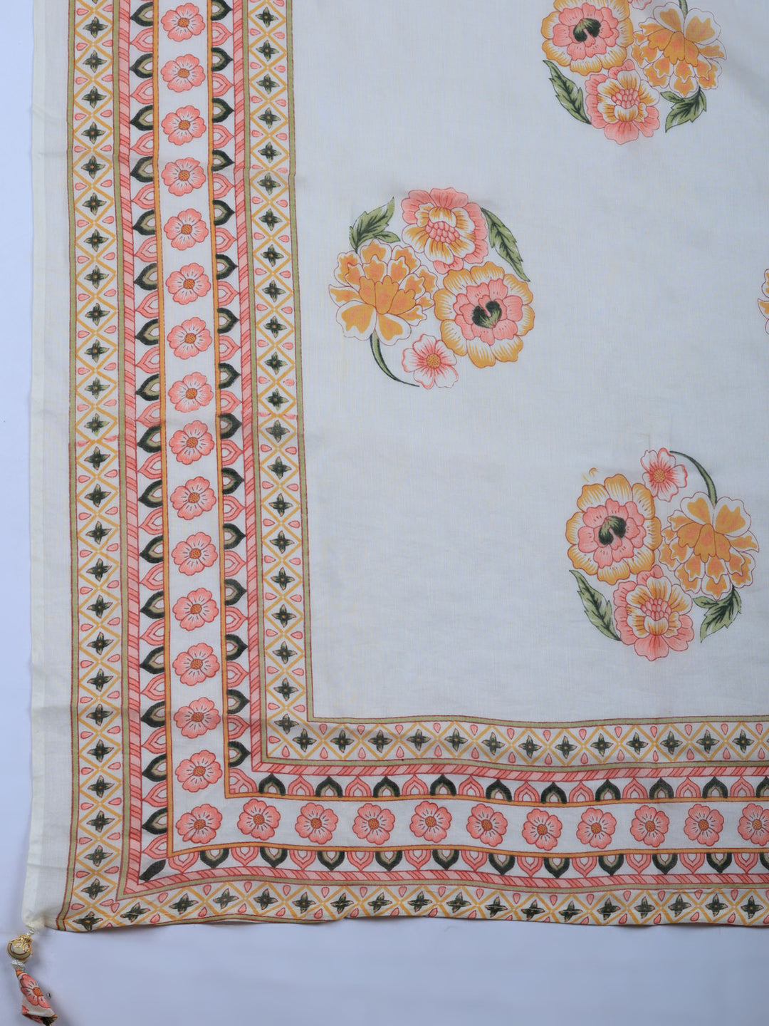 Cream Printed Cotton Blend Unstitched Suit &amp; Pant With Cotton Dupatta