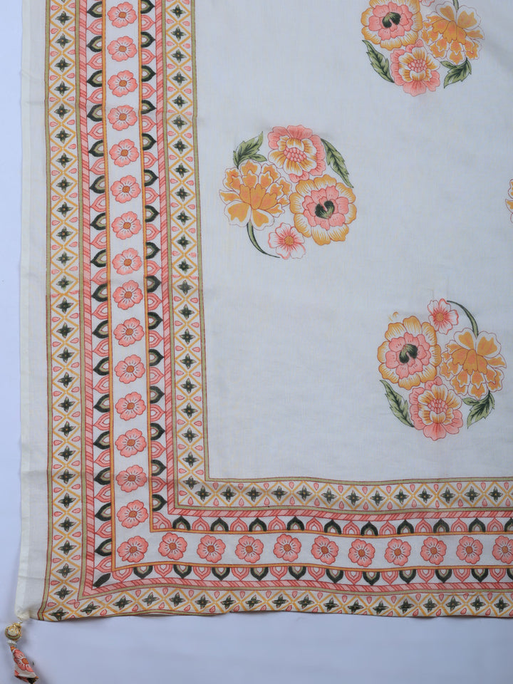 Cream Printed Cotton Blend Unstitched Suit &amp; Pant With Cotton Dupatta