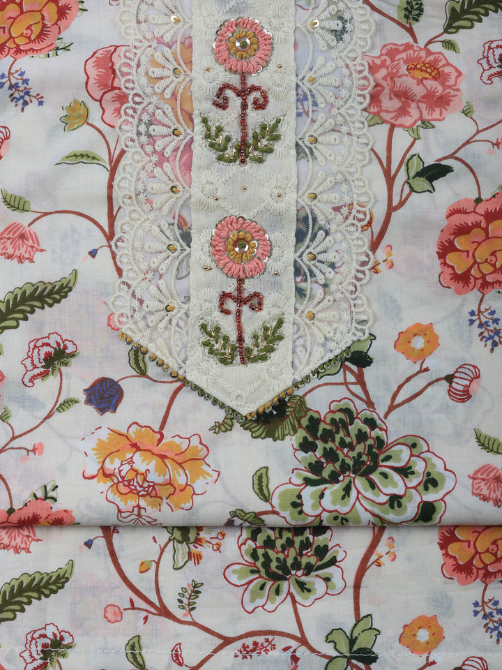 Cream Printed Cotton Blend Unstitched Suit &amp; Pant With Cotton Dupatta