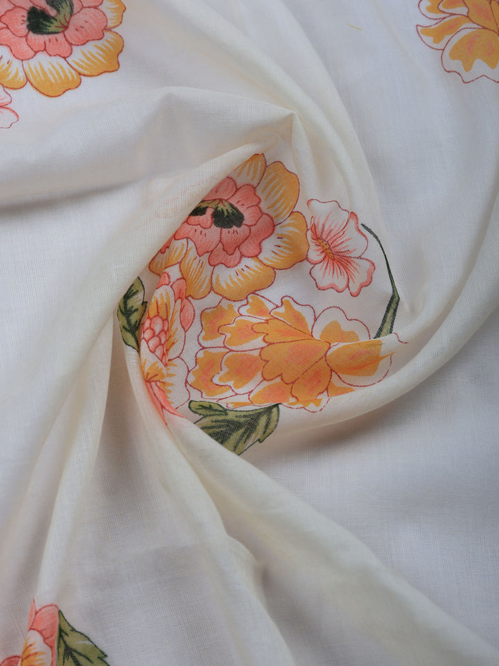 Cream Printed Cotton Blend Unstitched Suit &amp; Pant With Cotton Dupatta
