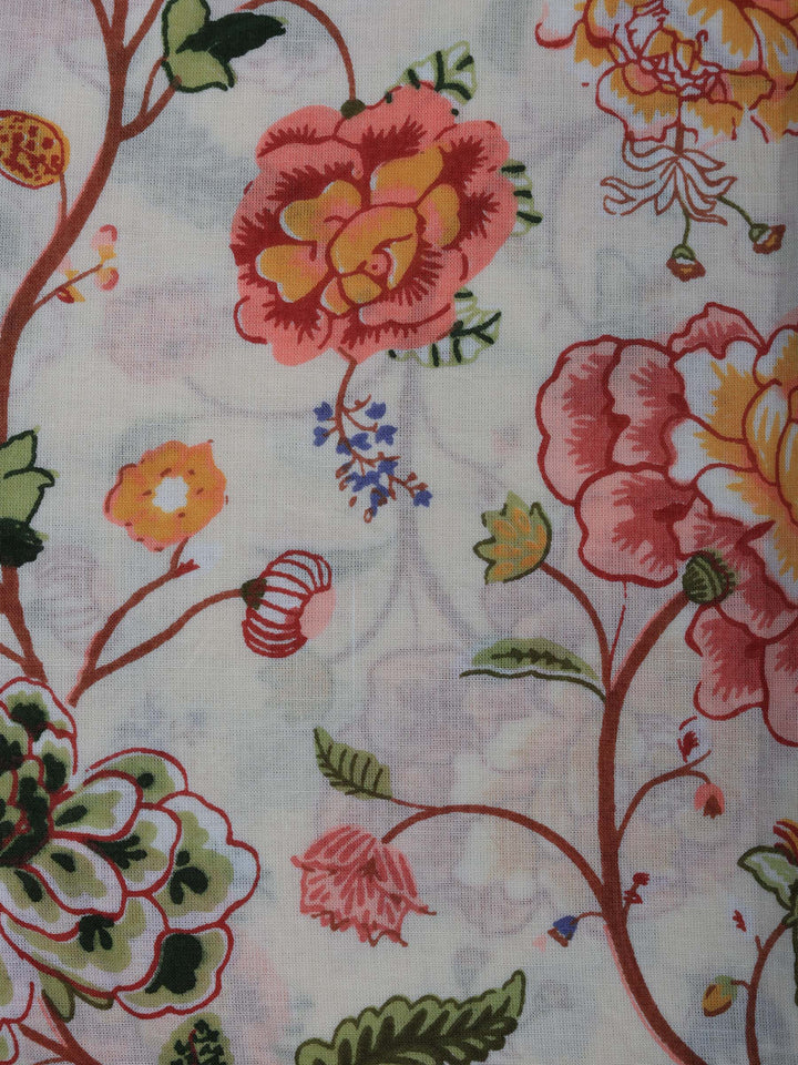 Cream Printed Cotton Blend Unstitched Suit &amp; Pant With Cotton Dupatta