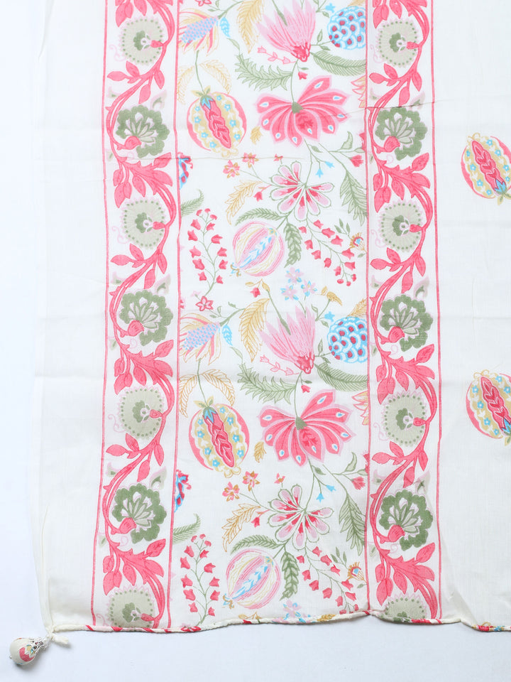 Cream Embroidered Cotton Blend Unstitched Suit &amp; Pant With Cotton Dupatta