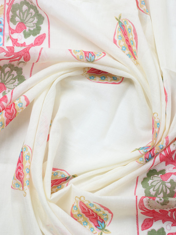 Cream Embroidered Cotton Blend Unstitched Suit &amp; Pant With Cotton Dupatta