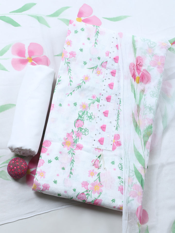 White Pink Embroidered Cotton Blend Unstitched Suit &amp; Pant With Cotton Dupatta