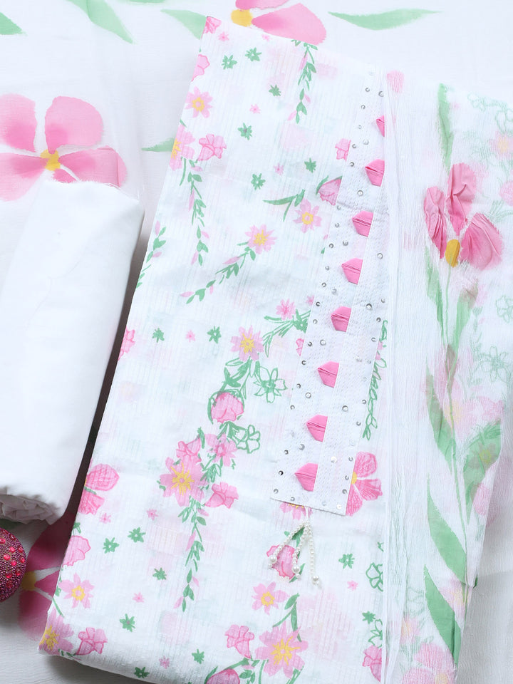 White Pink Embroidered Cotton Blend Unstitched Suit &amp; Pant With Cotton Dupatta