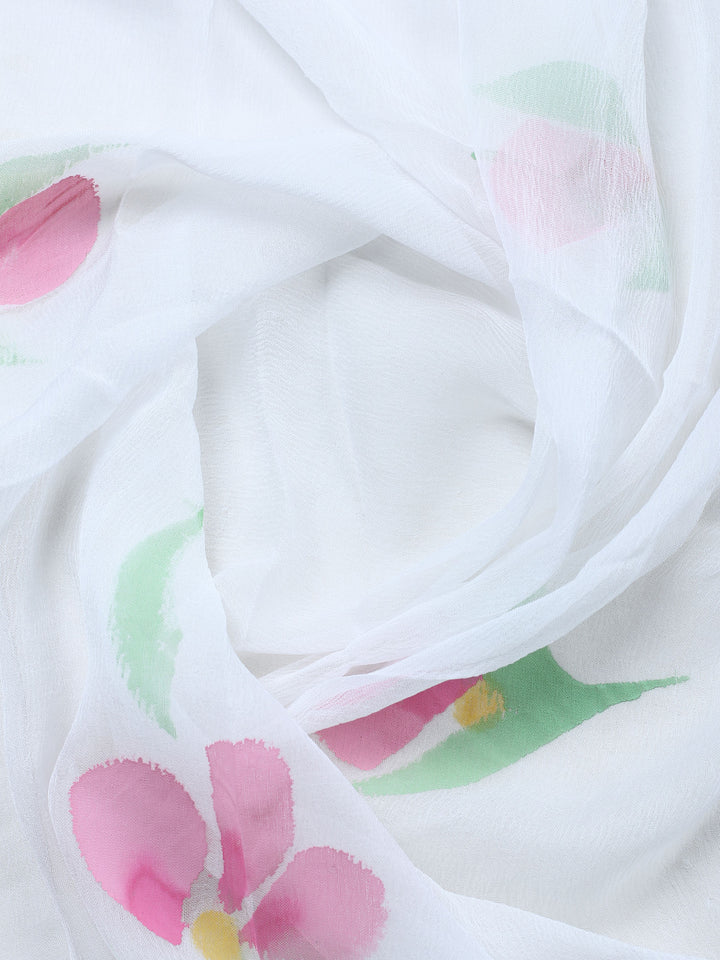 White Pink Embroidered Cotton Blend Unstitched Suit &amp; Pant With Cotton Dupatta