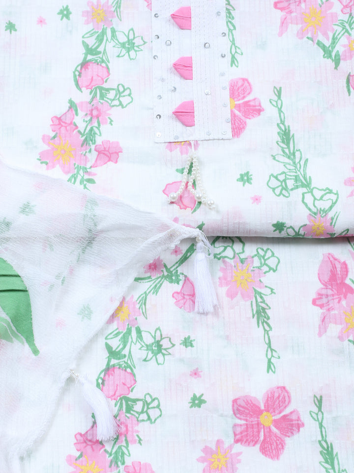 White Pink Embroidered Cotton Blend Unstitched Suit &amp; Pant With Cotton Dupatta