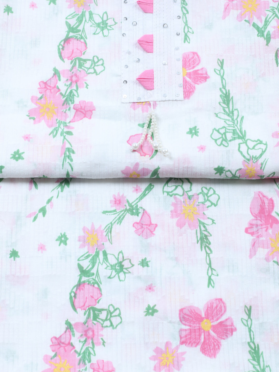 White Pink Embroidered Cotton Blend Unstitched Suit &amp; Pant With Cotton Dupatta
