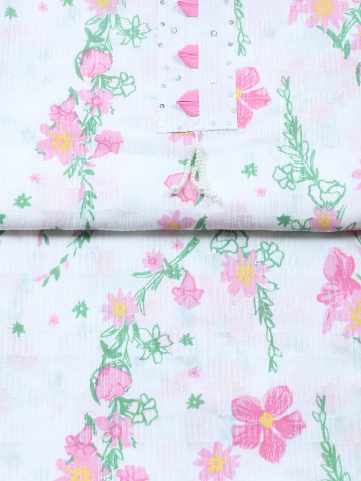 White Pink Embroidered Cotton Blend Unstitched Suit &amp; Pant With Cotton Dupatta