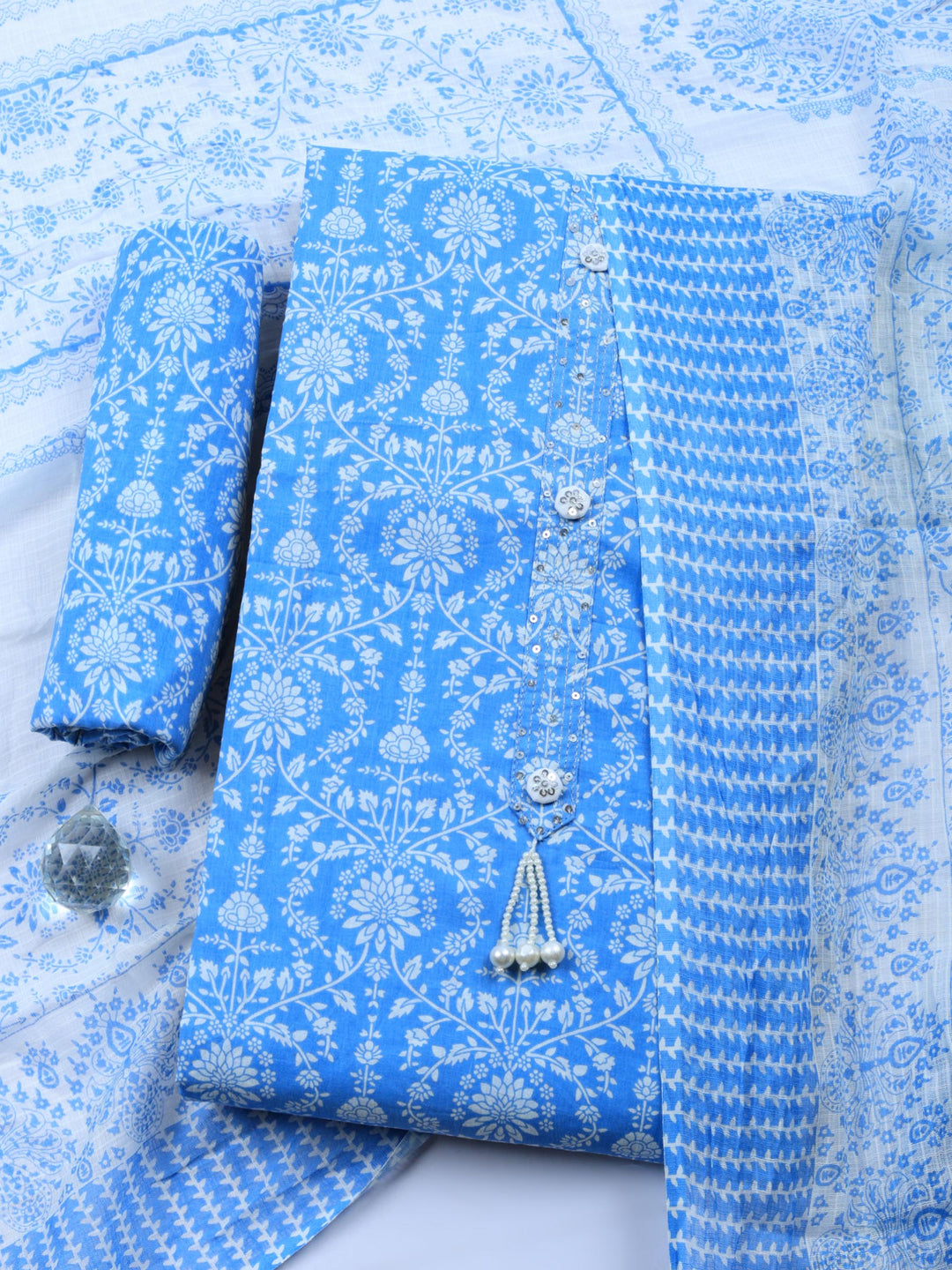 Blue Lt Printed Cotton Blend Unstitched Suit &amp; Pant With Cotton Dupatta