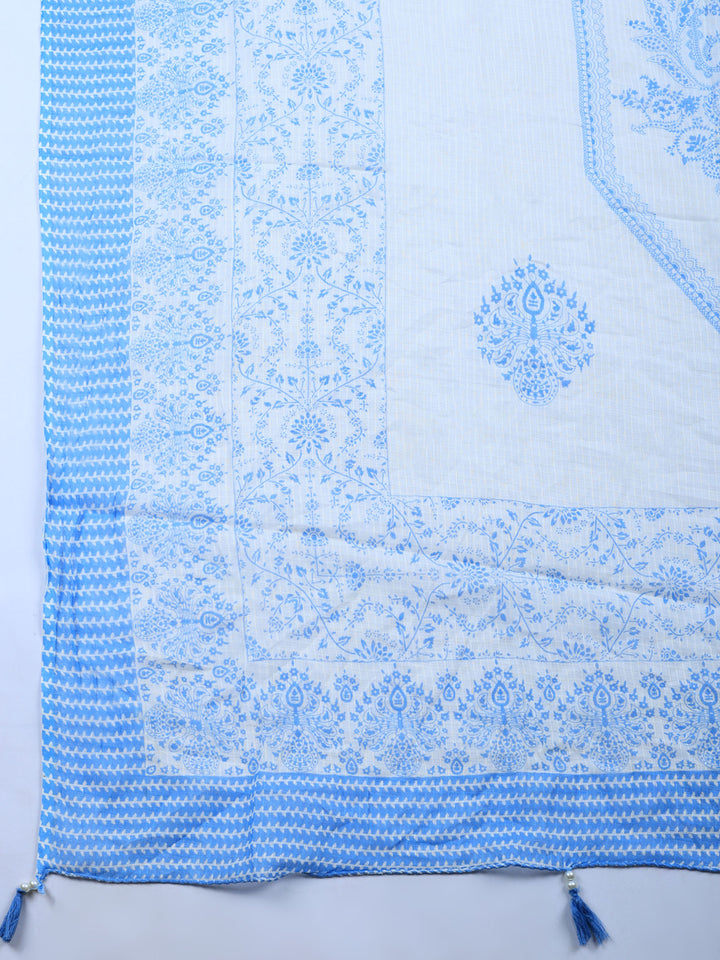 Blue Lt Printed Cotton Blend Unstitched Suit &amp; Pant With Cotton Dupatta