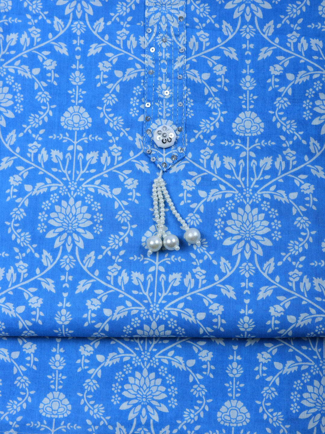 Blue Lt Printed Cotton Blend Unstitched Suit &amp; Pant With Cotton Dupatta