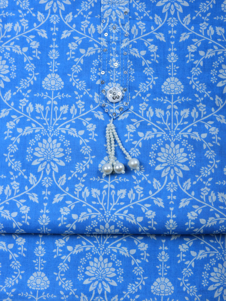 Blue Lt Printed Cotton Blend Unstitched Suit &amp; Pant With Cotton Dupatta