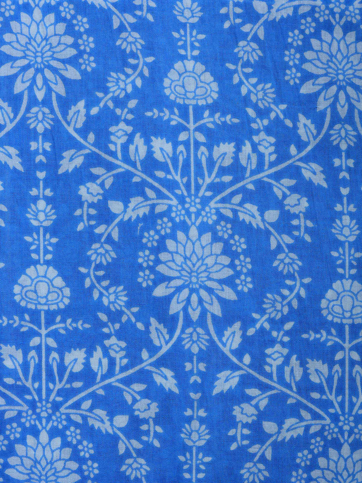 Blue Lt Printed Cotton Blend Unstitched Suit &amp; Pant With Cotton Dupatta