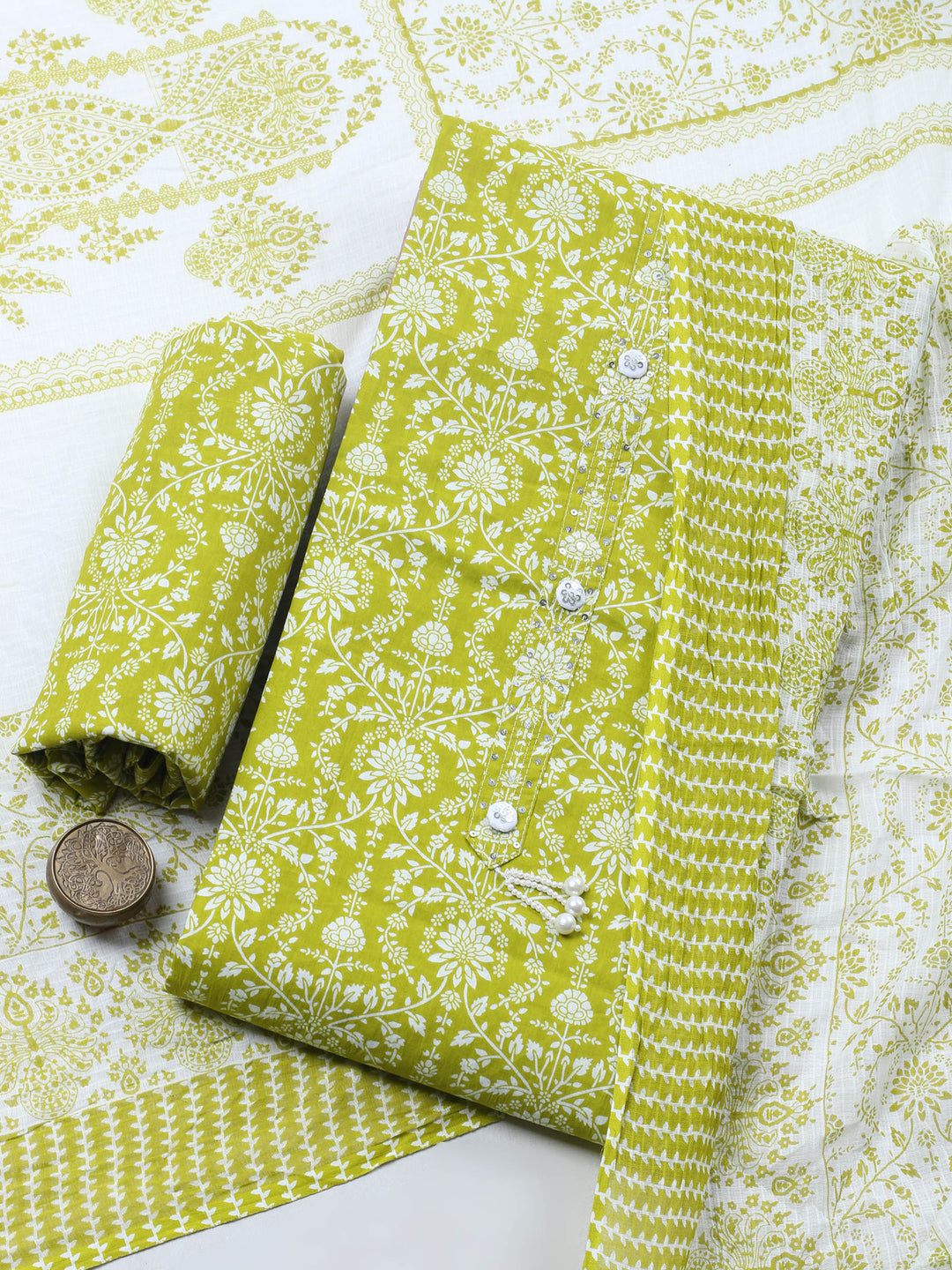 Pista Green Printed Cotton Blend Unstitched Suit &amp; Pant With Cotton Dupatta