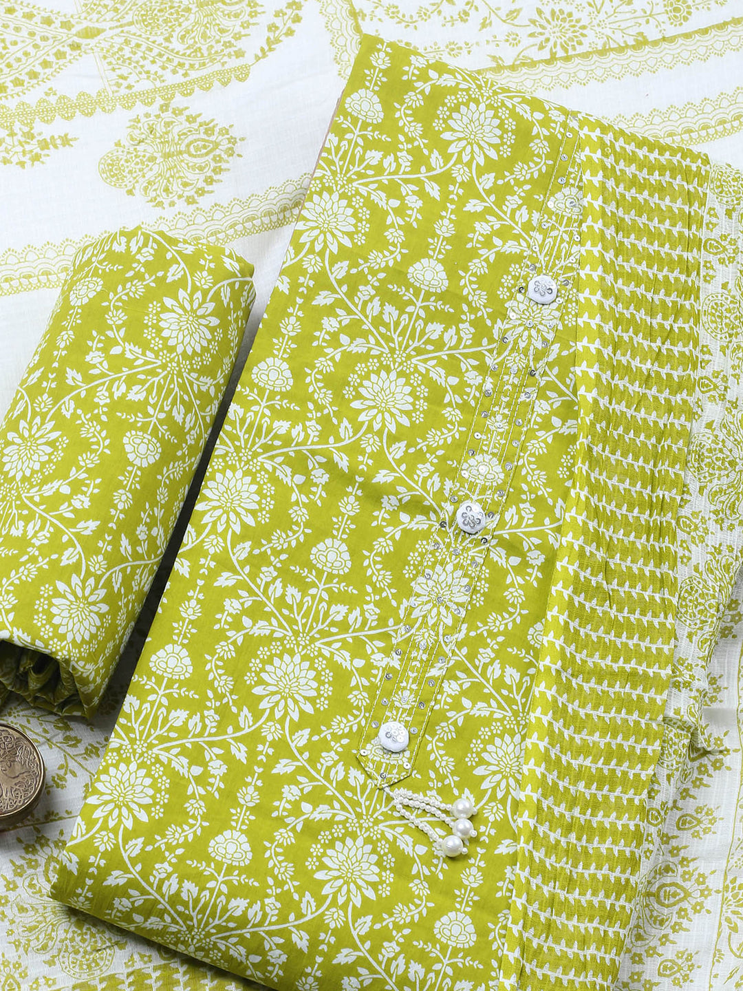 Pista Green Printed Cotton Blend Unstitched Suit &amp; Pant With Cotton Dupatta