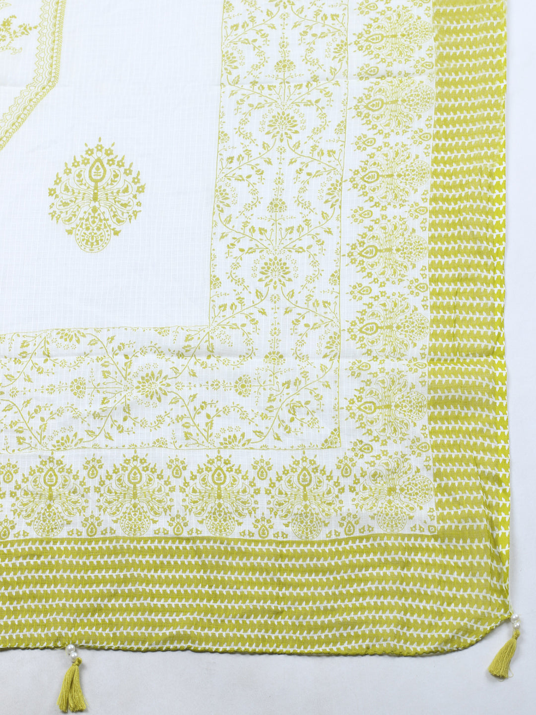 Pista Green Printed Cotton Blend Unstitched Suit &amp; Pant With Cotton Dupatta