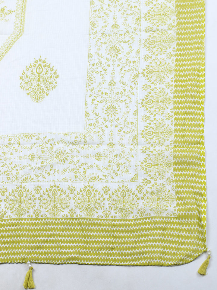 Pista Green Printed Cotton Blend Unstitched Suit &amp; Pant With Cotton Dupatta