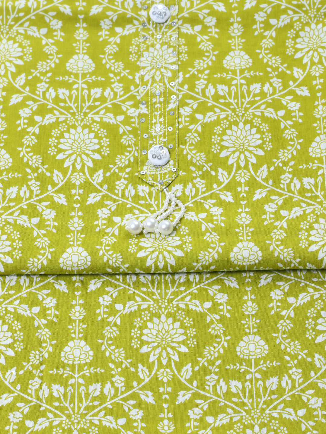 Pista Green Printed Cotton Blend Unstitched Suit &amp; Pant With Cotton Dupatta