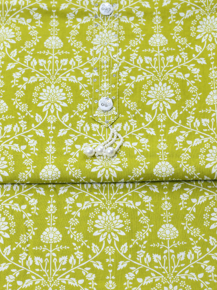 Pista Green Printed Cotton Blend Unstitched Suit &amp; Pant With Cotton Dupatta