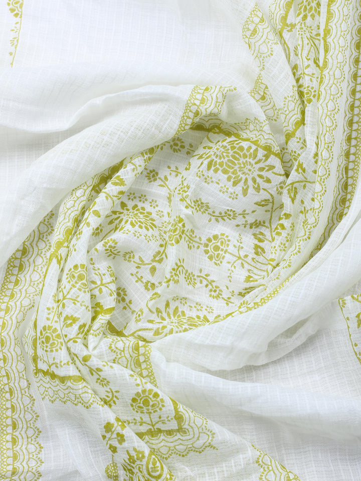 Pista Green Printed Cotton Blend Unstitched Suit &amp; Pant With Cotton Dupatta