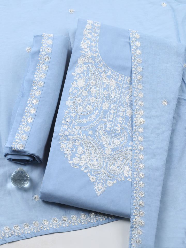 Blue Embroidered Cotton Blend Unstitched Suit &amp; Pant With Cotton Dupatta