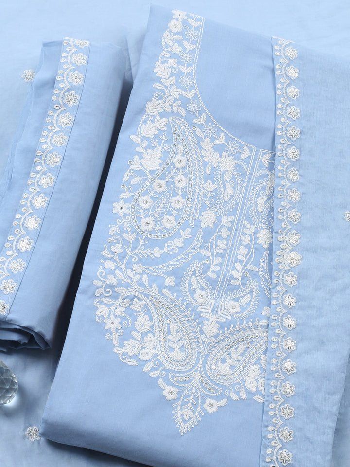 Blue Embroidered Cotton Blend Unstitched Suit &amp; Pant With Cotton Dupatta