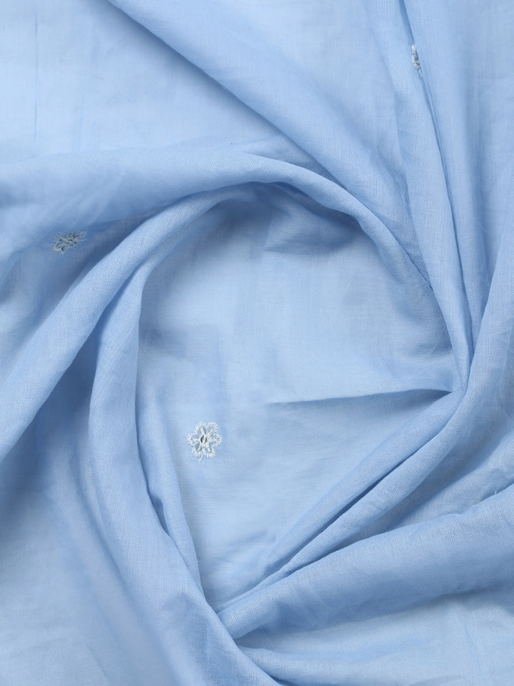 Blue Embroidered Cotton Blend Unstitched Suit &amp; Pant With Cotton Dupatta