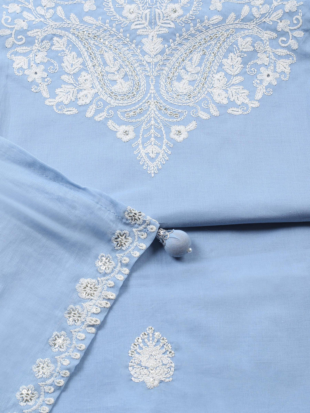 Blue Embroidered Cotton Blend Unstitched Suit &amp; Pant With Cotton Dupatta