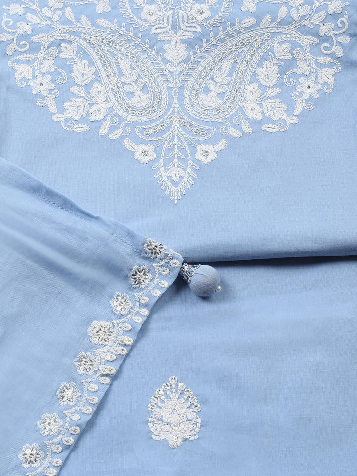 Blue Embroidered Cotton Blend Unstitched Suit &amp; Pant With Cotton Dupatta