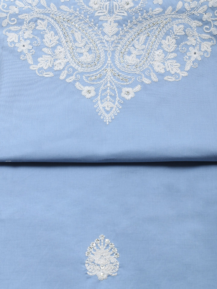 Blue Embroidered Cotton Blend Unstitched Suit &amp; Pant With Cotton Dupatta
