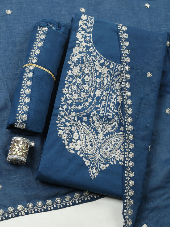 Navy Blue Embroidered Cotton Blend Unstitched Suit &amp; Pant With Cotton Dupatta