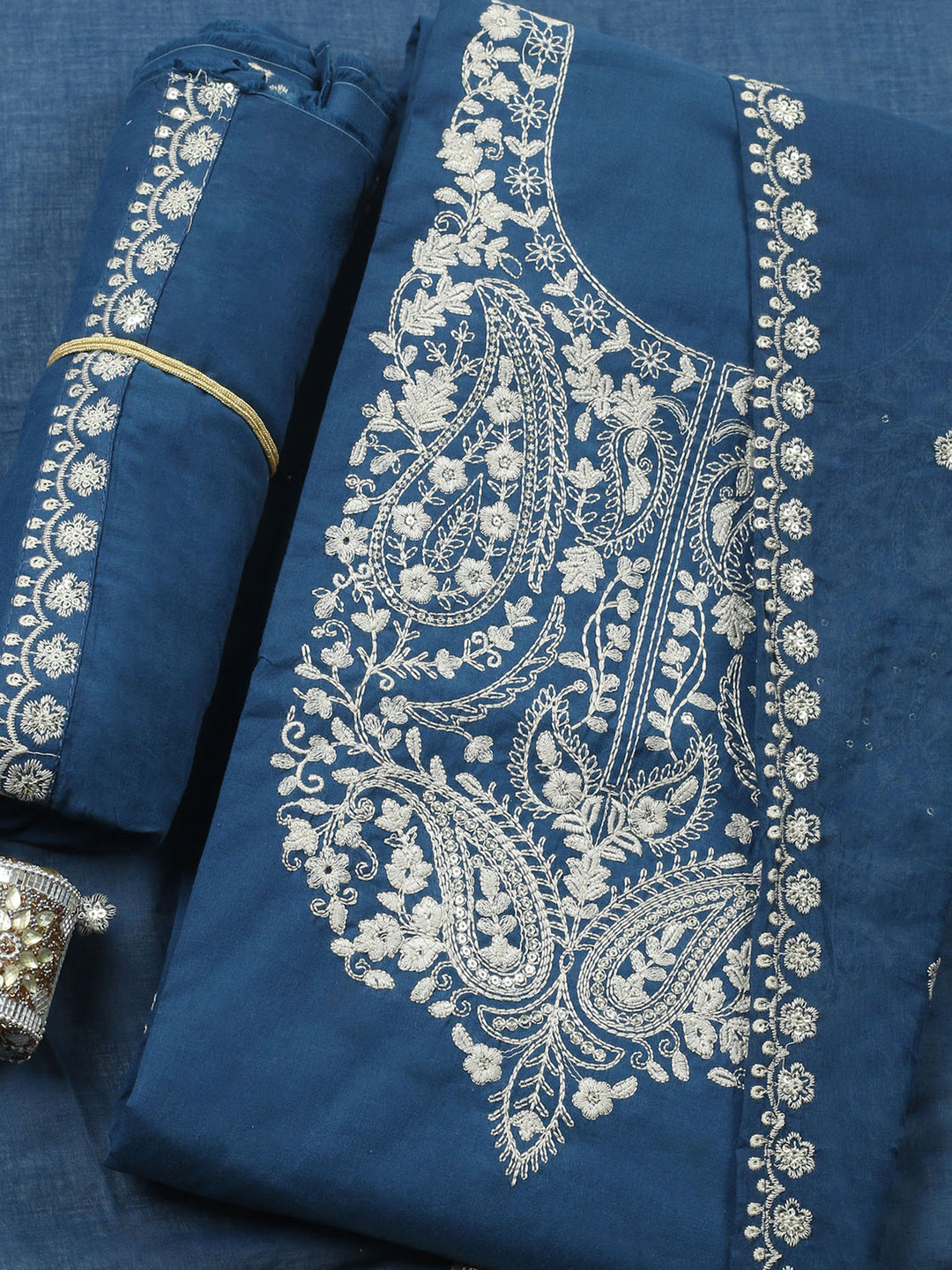 Navy Blue Embroidered Cotton Blend Unstitched Suit &amp; Pant With Cotton Dupatta