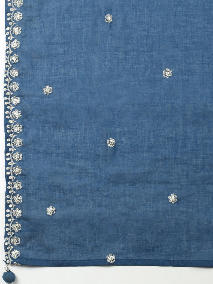 Navy Blue Embroidered Cotton Blend Unstitched Suit &amp; Pant With Cotton Dupatta
