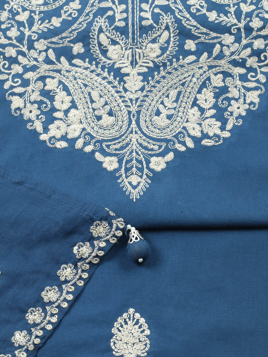 Navy Blue Embroidered Cotton Blend Unstitched Suit &amp; Pant With Cotton Dupatta