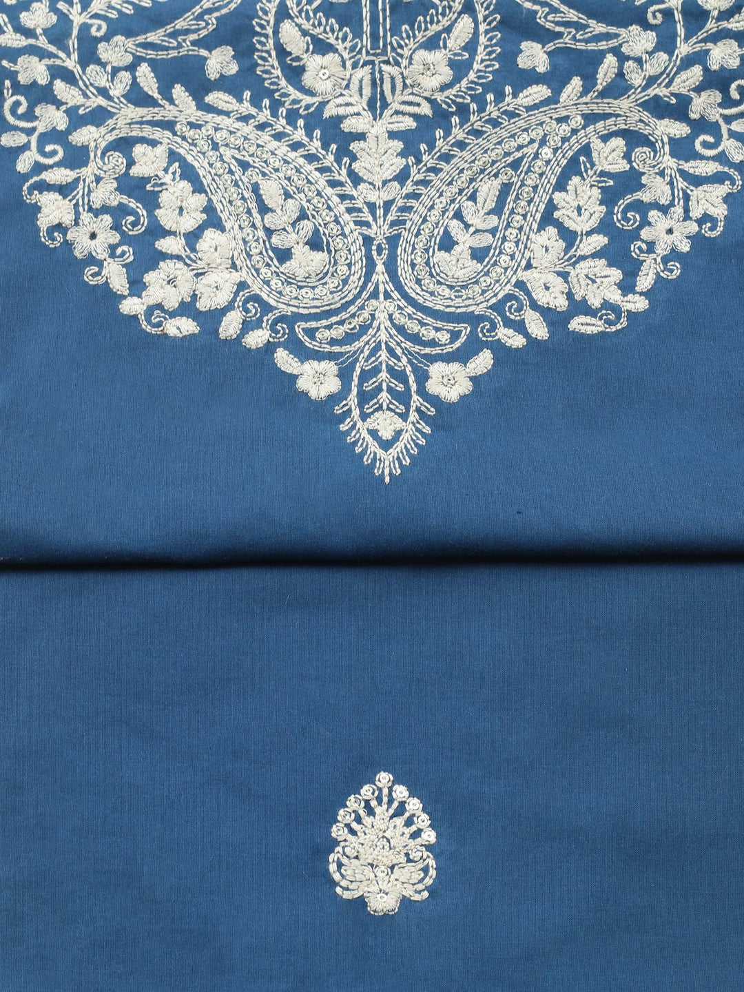 Navy Blue Embroidered Cotton Blend Unstitched Suit &amp; Pant With Cotton Dupatta