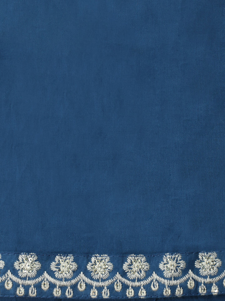 Navy Blue Embroidered Cotton Blend Unstitched Suit &amp; Pant With Cotton Dupatta