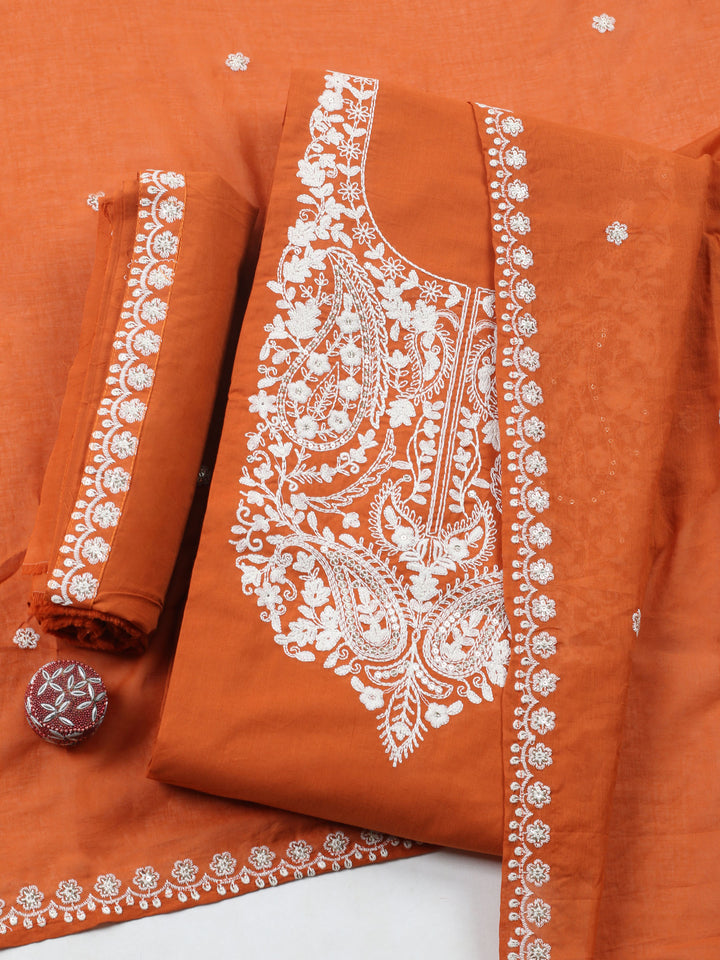 Rust Embroidered Cotton Blend Unstitched Suit &amp; Pant With Cotton Dupatta