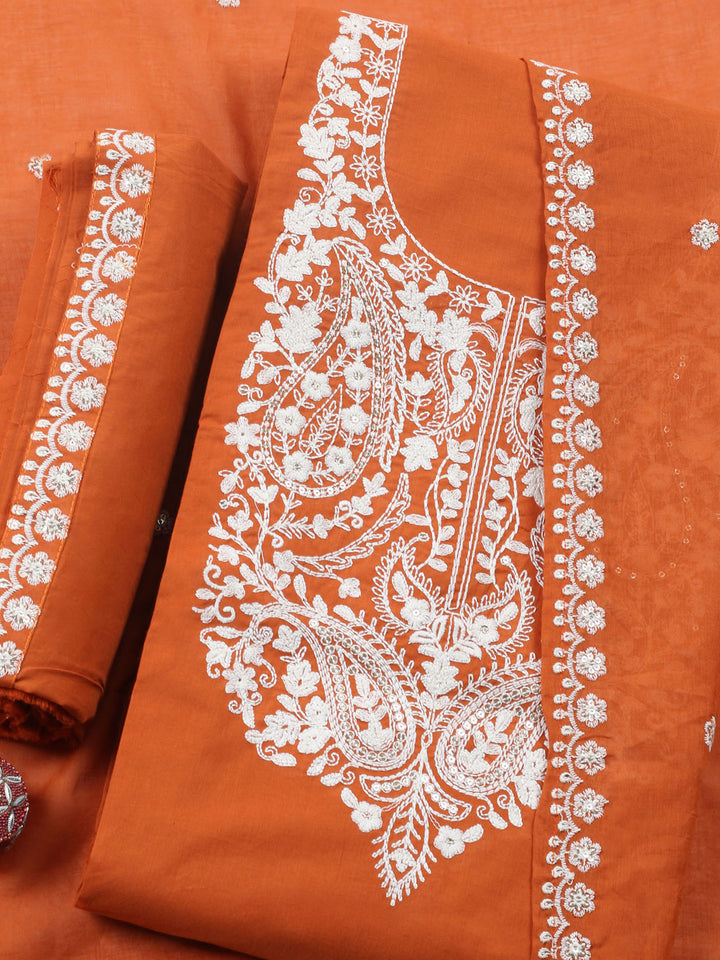 Rust Embroidered Cotton Blend Unstitched Suit &amp; Pant With Cotton Dupatta