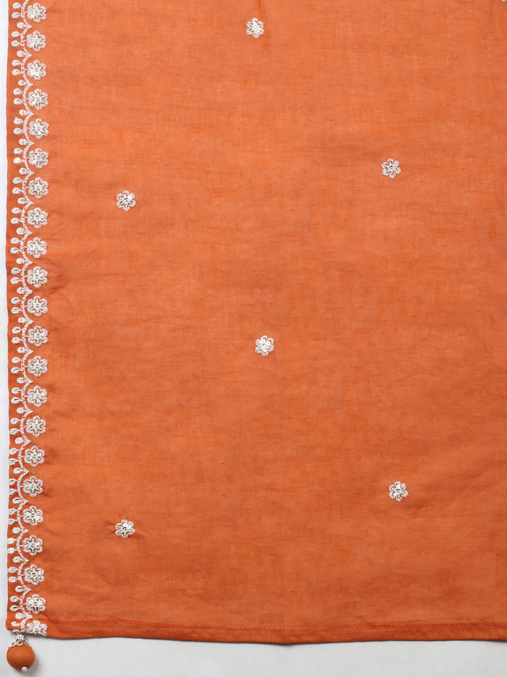 Rust Embroidered Cotton Blend Unstitched Suit &amp; Pant With Cotton Dupatta