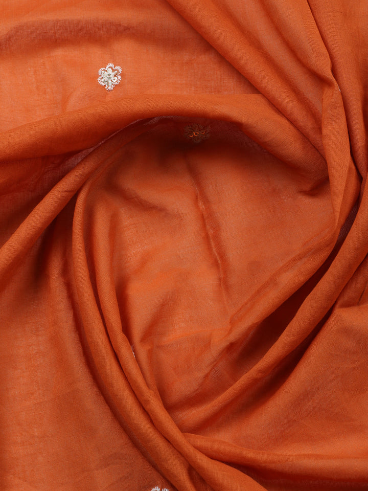 Rust Embroidered Cotton Blend Unstitched Suit &amp; Pant With Cotton Dupatta