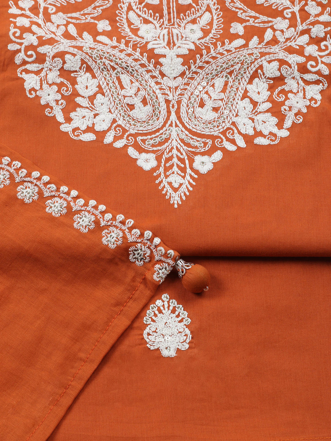 Rust Embroidered Cotton Blend Unstitched Suit &amp; Pant With Cotton Dupatta