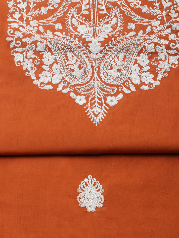 Rust Embroidered Cotton Blend Unstitched Suit &amp; Pant With Cotton Dupatta