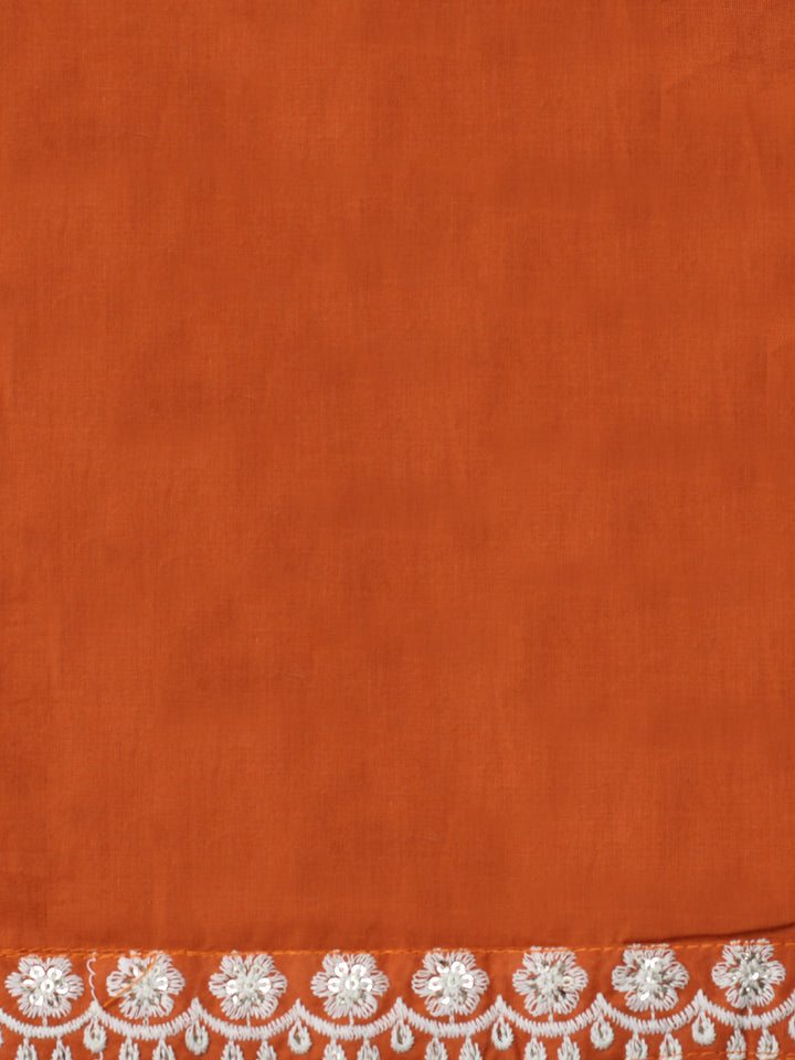 Rust Embroidered Cotton Blend Unstitched Suit &amp; Pant With Cotton Dupatta