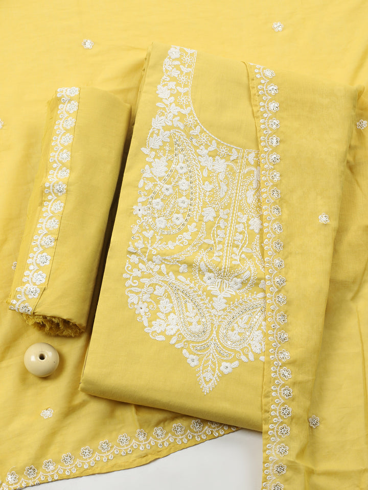 Yellow Embroidered Cotton Blend Unstitched Suit &amp; Pant With Cotton Dupatta