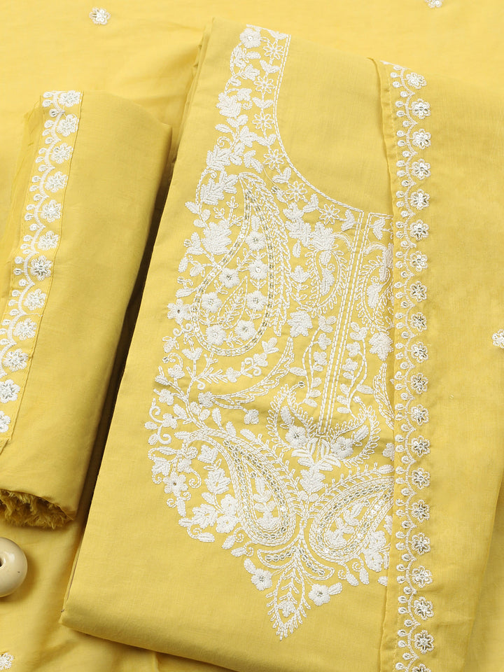 Yellow Embroidered Cotton Blend Unstitched Suit &amp; Pant With Cotton Dupatta