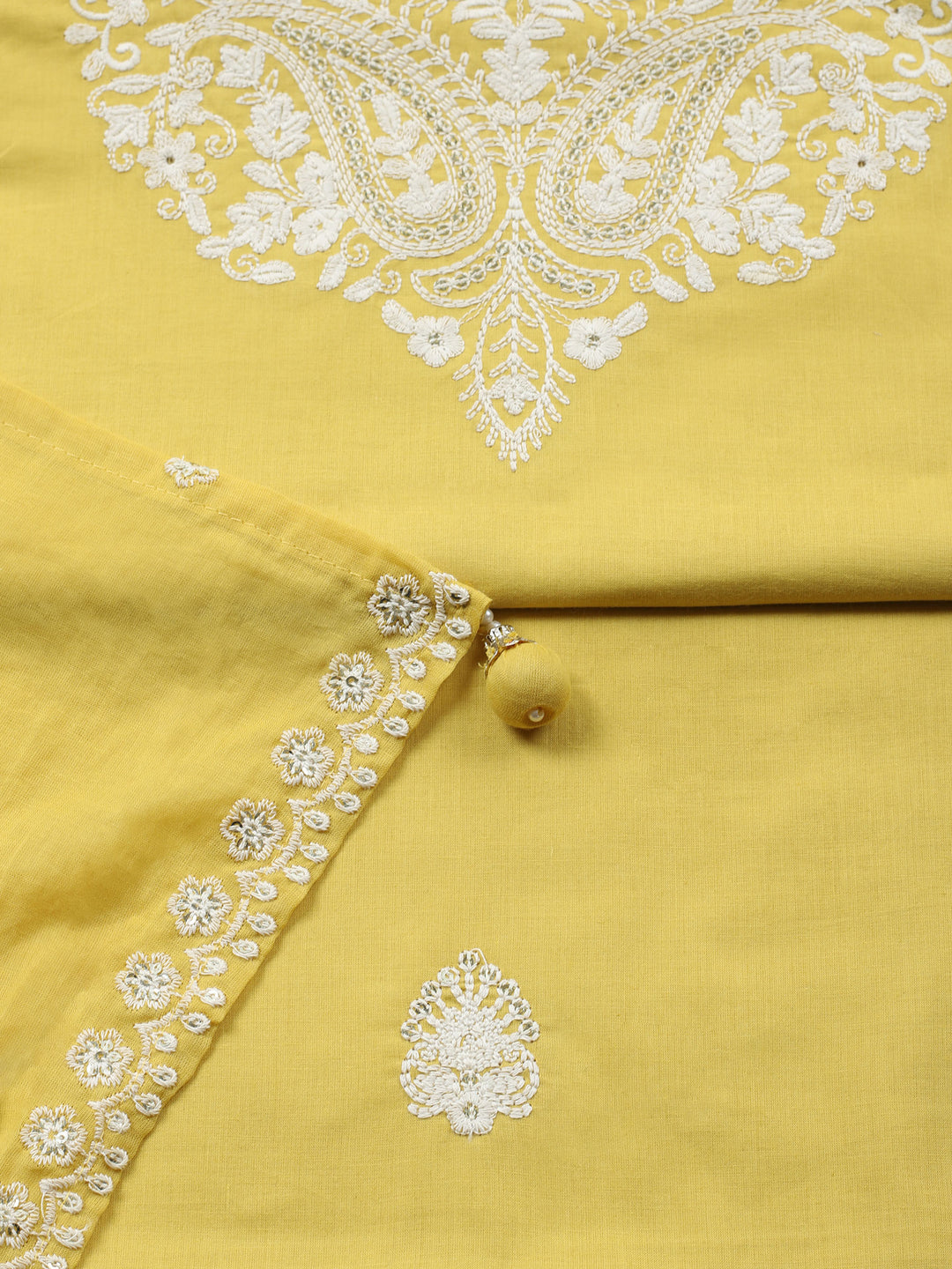 Yellow Embroidered Cotton Blend Unstitched Suit &amp; Pant With Cotton Dupatta